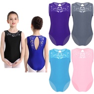 Kids Girls Sleeveless Lace Splice Cutout Back Ballet Dance Gymnastics Leotard Jumpsuit SZ 2-14