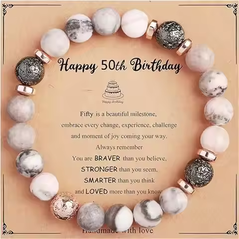 Pink zebra Natural Stone Bracelet card gift box 50th 60th 70th Birthday Gifts for Women Girls Daught