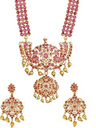 Traditional Indian Antique Gold Plated Traditional Kundan, CZ, Studded Long Bridal Jewellery Necklace Set With Matching Earrings For Women (SJN_129_M), Brass, Cubic Zirconia