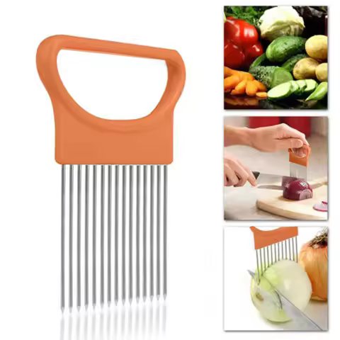 Stainless Steel Onion Needle Onion Fork Vegetables Fruit Slicer Tomato Cutter Knife Cutting Safe Aid