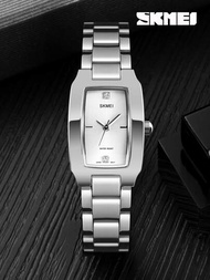 1入時尚銀色不銹鋼女錶帶，具水防功能，飾以鑽石裝飾長方形錶盤，適合日常裝扮及度假風格