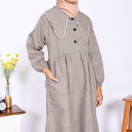 gamis vintage casual midi dress muslimah jumbo motif kotak all size - gold all size dewasa