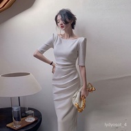 💕FLASH SALE💟Solid Color High-Waisted, Cinched Waist, and Figure Flattering Elegant Slim White Dress Korean Style Pleated