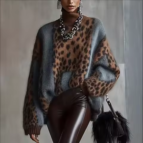 Fashion Leopard Print Color Block Turtleneck Sweater Women Fuzzy Knit Oversized Long Sleeve Streetwe