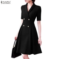 ZANZEA Women's Korean Style Business Double Breasted Cinched Waist A-Line Swing Blazer Dress