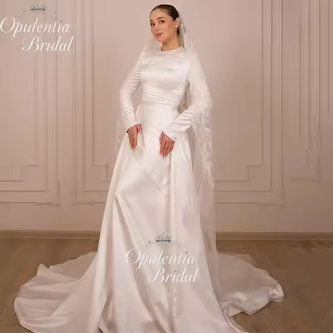 Opulentia Customized Arabic Wedding Dress O-Neck Bridal Gown Court Train Satin Long Sleeve Muslim Me