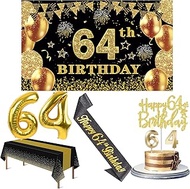 64th Birthday Decorations Men Women with 64th Birthday Banner, Black and Gold Table Cloth, 64 Number
