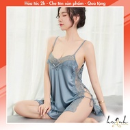 Sexy two-piece silk nightgown with lace and slit at the waist - N53