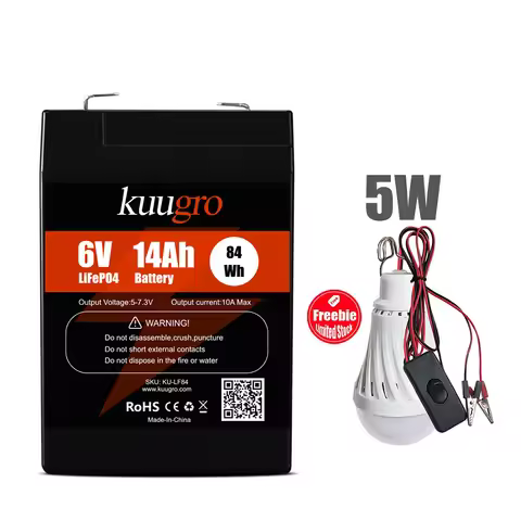 kuugro 6V 7Ah 14Ah LiFePO4 Rechargeable Battery with BMS Replace 6V Lead-acid Battery for Emergency 