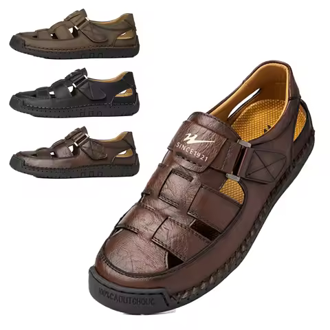 Men's Wide Toe Box Hollow Out Leather Sandals Plus Size 47 48 Breathable Closed Toe Casual Roman Sho
