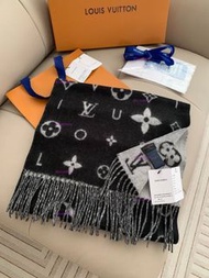 LOUIS UVITTON 圍巾山羊絨 Monogram 花卉和 LV 字母 黑色