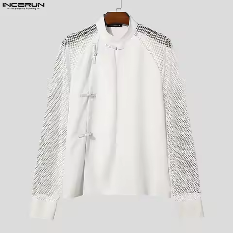 INCERUN Men's Shirt Mesh Patchwork See Through Hollow Out Vintage Menswear Clothing Chinese Style Ca