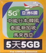 亞洲6國 5日無限上網卡 5GB 5G/4G 中國/日本/韓國/泰國/新加坡/馬來西亞 SK/KDDI Asia Data Sim 即插即用 CMHK MONKEYSIM001