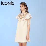 iCONiC DECORUM DRESS #6306 เดรส สีครีม แขนสั้น ผ้าไหมซาติน พิมพ์ลาย ระบายแขน เสื้อผ้าผู้หญิง เดรสแฟช