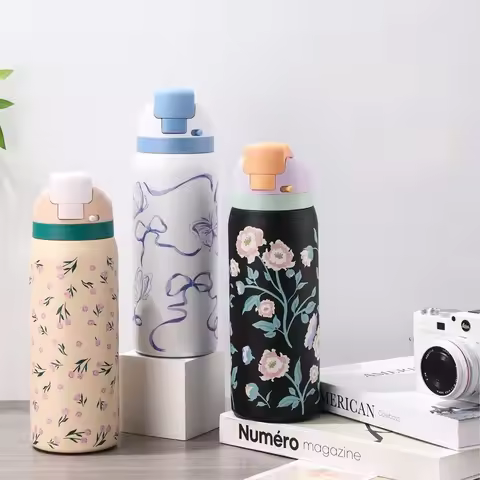 32OZ Thermos Bottle Cartoon Pattern Bounce Bottle 304 Stainless Steel Portable Straw Cup Large Capac