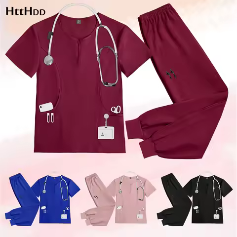 Women's Hospital Uniforms Wholesale Nurse Set Surgical Gown with Stretch Short Sleeves Sets Dental C