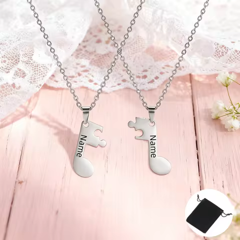 Customized Name Date Music Note Puzzle Necklace Stainless Steel Personalized Couple Matching Note Ne