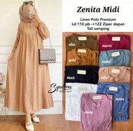 Zenita Midi Dress Baju Gamis Wanita Busui Friendly Size Jumbo Bahan Polo Linen Premium Model Simple Elegan Modern