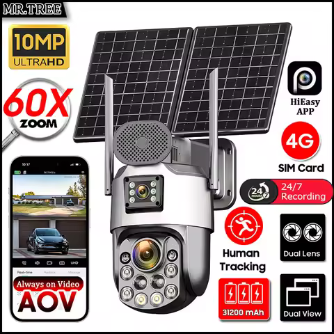 60X Optical Zoom Solar Camera 4K 4G SIM Dual Lens PTZ Human Auto Tracking 10MP CCTV Outdoor Surveill