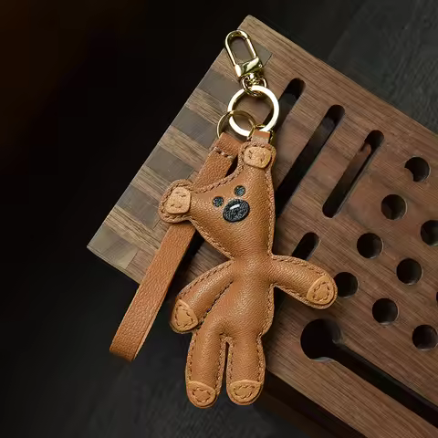 Handmade Mr.Bean Teddy Keychain Genuine Leather Bear Bag Charm Cute Teddy Bear Key Ring