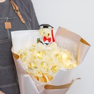 畢業花束 畢業熊+豪華版金莎18顆花束 附燈串 純色米白 A012