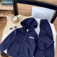 2pcs Young Boys Casual Sports White Letter Print Loose Fit Navy Blue Hoodie And Pants Set, Suitable 