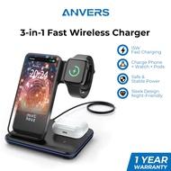 Anvers 3 in 1 Wireless charger Stand 15W Fast Charging Dock for iPhone/iWatch/Airpods (Black) Z5A