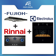 (Bulky) FUJIOH FR-MS1990R 90CM SLIMLINE HOOD + RINNAI RB-3CGN 3 BURNER GLASS GAS HOB + ELECTROLUX KOIGH00KA 72L BLACK ULTIMATETASTE 300 BUILT-IN OVEN