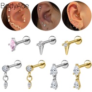Bodyace 1 Pc Stianless Steel Earring Internal Thread Stud Earring 16G Ear Piercing Crystal Earring H