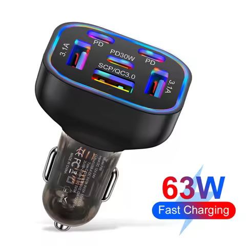 63W Seven Color Gradient Breathing Light 63W 3USB+3PD Car Charger Fast Charging Phone Adapter For Xi