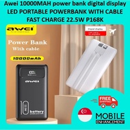 Awei With Cable fast charging PowerBank 10000mAh LED Display P168k Power bank at 22.5W For Phone
