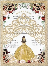 Hosmsua 50PCS Blank Gold Glitter Quinceanera Invitations with Envelopes, 5.1x7.3 Inch Laser Cut Flor