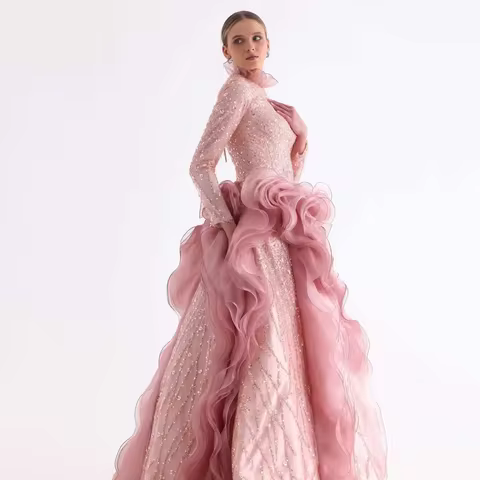 Dubai Luxury Long Sleeve Princess Ball Dress Elegant Crystal Shining Evening Dress A-line Tulle Grad