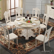 HY-# E0PBWholesale European Round Table Marble Dining Tables and Chairs Set round White Wood Carved Dining Table Marble