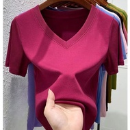 Modal V-neck Slim Fit T-shirt Women's Short Sleeved Solid Color Top