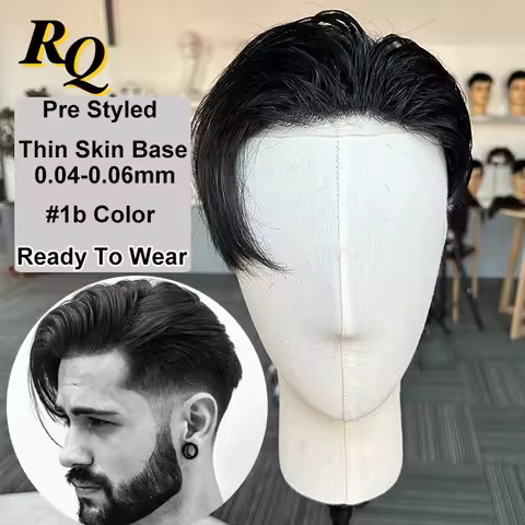 Pre Cut Thin Skin Toupee Men V Looped Human Hair Men Wig 1B 0.04-0.06 mm Hair Replacement Systems Pi