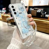 1pc Gorgeous Blue Flower Bowknot Pattern With Butterfly Wrist Strap Transparent Four-Corner Shockpro