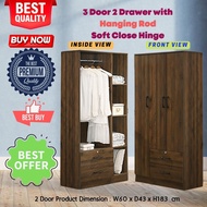3 Door 2 Drawer Wooden Wardrobe Clothes with Hanging Rod Kayu Almari Baju Rak Baju Kabinet Storage Cupboard Furniture