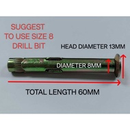 (50 Pieces ) PHILLIPS (+) M8 X 64MM Metal Wall Plug / Wall Plug Besi, Sleeve Anchor, PJ Anchor, PAKU