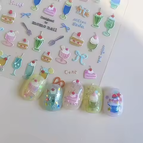 5D colorful food nail stickers pudding alkaline water bow cream fork cup bread jelly fruit design ca