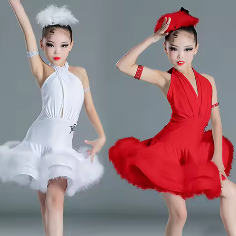Girls Professional Latin Dance Dress White Fur Latin Clothes Ballroom Competition Clothes Kids Chach