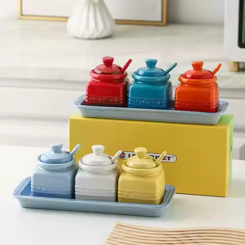 3 Set Le Creuset Countertop Organizer Premium Stoneware Ceramic Condiment Jars with Spoons Tray Lead