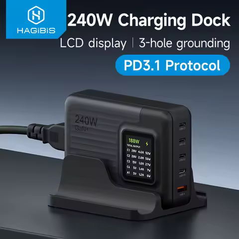 Hagibis 240W USB C Charger 5 Ports GaN 140W PD3.1 Fast Charger Desktop Charging Station with LCD Dis