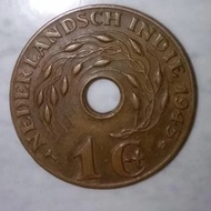 Uang koin kuno Belanda 1 cent tahun 1945 asli