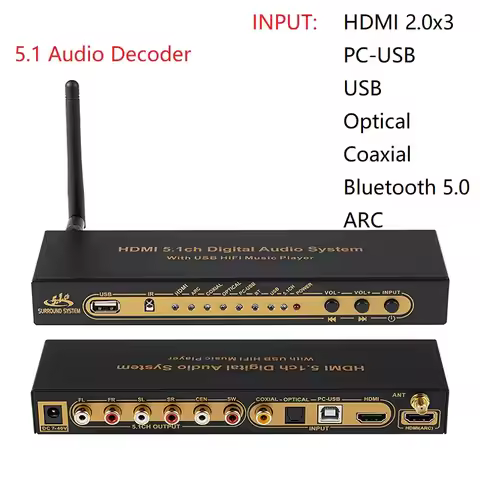 5.1CH Audio Decoder Bluetooth Receiver 4K60Hz HDMI-compatible 2.0 SPDIF Coaxial ARC USB Converter PC