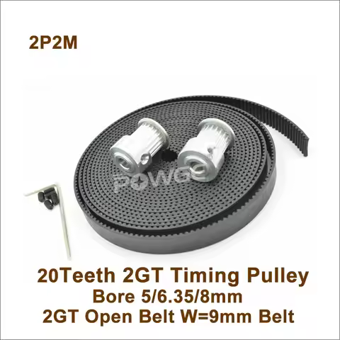 POWGE 2pcs 20 Teeth 2GT Pulley Bore5/6.35/8mm + 2meters GT2 Synchronous Belt W=9mm 20T 20Teeth GT2 T