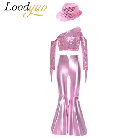 Children's Girls 60s 70S Disco Outfits Sequins Jazz Modern Dancewear Hippie Costume Kids Metallic Pe