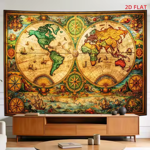 Luxurious Vintage World Map Tapestry Wall Decor Antique Global Nautical Ocean Travel Exploration Art