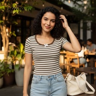 (trendy3)Lovito Casual Tshirt Bow Spring/summer Brown Tshirt for Women L154LD248 Lovito T-shirt Kasu