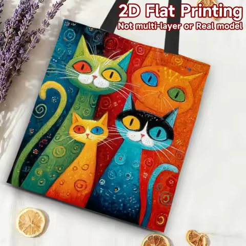2D Flat Printing, Fashion Printed Canvas Tote Bag Colorful Cats Trio, Polyester, for Fashion Shoulde